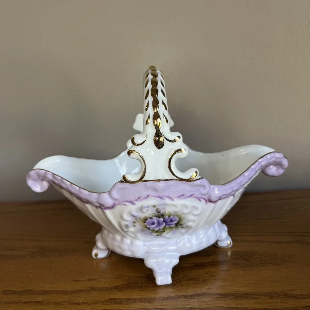 Vintage Cracker Barrel Footed Porcelain Basket Violets 10K Gold Trim Cottagecore